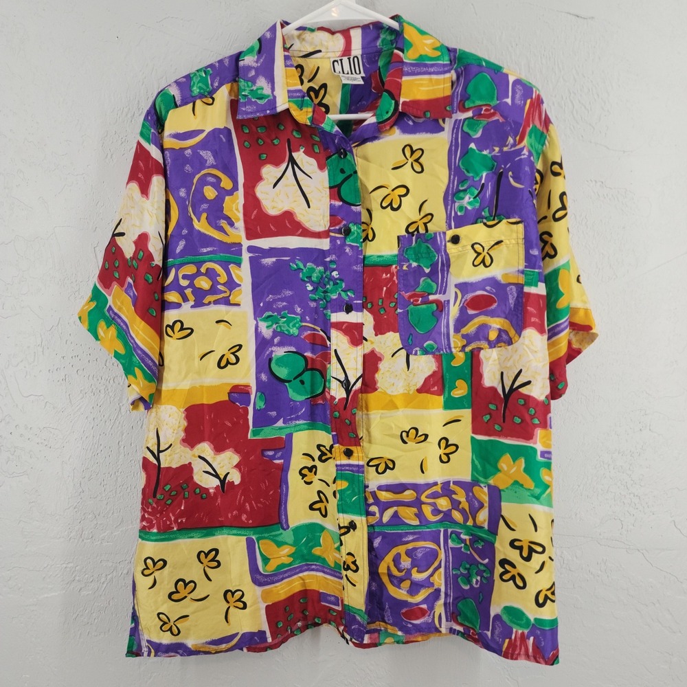 Clio 100% Silk Abstract Geometric Button Up Shirt Large Multicolor Art To Wear